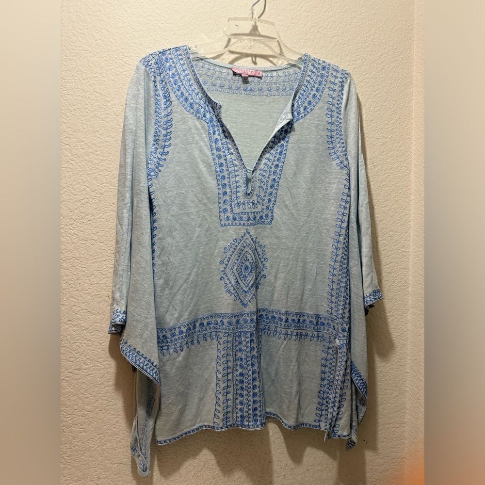 Calypso St. Barth Etasa Tunic Linen White Ivory Flared Sleeve Embroidered Blouse